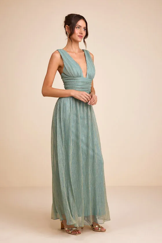 Evaluna Sage Green Abstract Print Lurex Pleated Maxi Dress sold by Lulus product image thumbnail 4