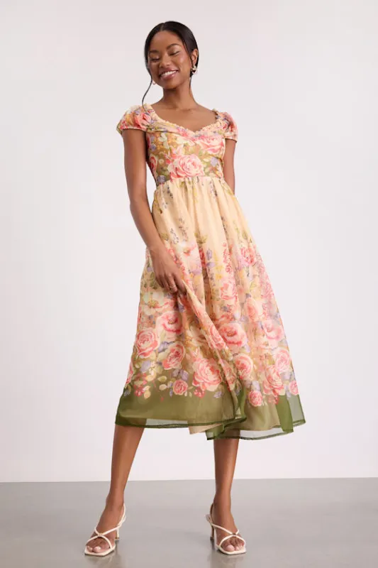 Celosia Peach Multi Floral Cap Sleeve Midi Dress sold by Lulus