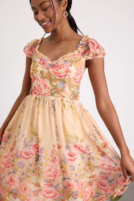 Celosia Peach Multi Floral Cap Sleeve Midi Dress sold by Lulus product image thumbnail 2