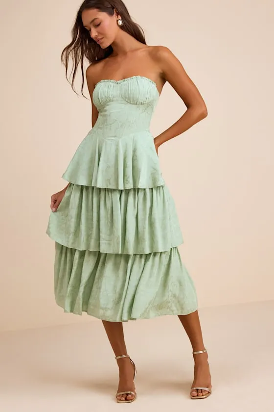 Beverly Sage Green Jacquard Tiered Midi Dress sold by Lulus