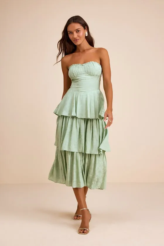Beverly Sage Green Jacquard Tiered Midi Dress sold by Lulus product image thumbnail 2
