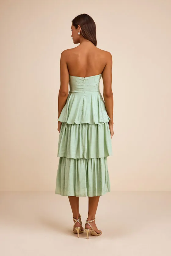 Beverly Sage Green Jacquard Tiered Midi Dress sold by Lulus product image thumbnail 4