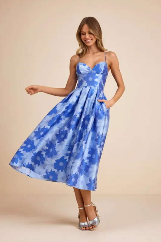 Vivinna Blue Floral Jacquard Pleated Midi Dress sold by Lulus