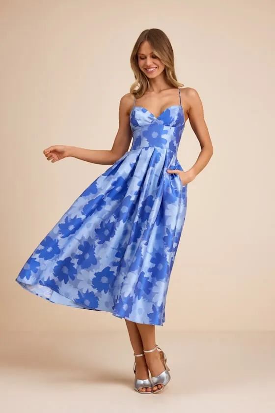 Vivinna Blue Floral Jacquard Pleated Midi Dress sold by Lulus