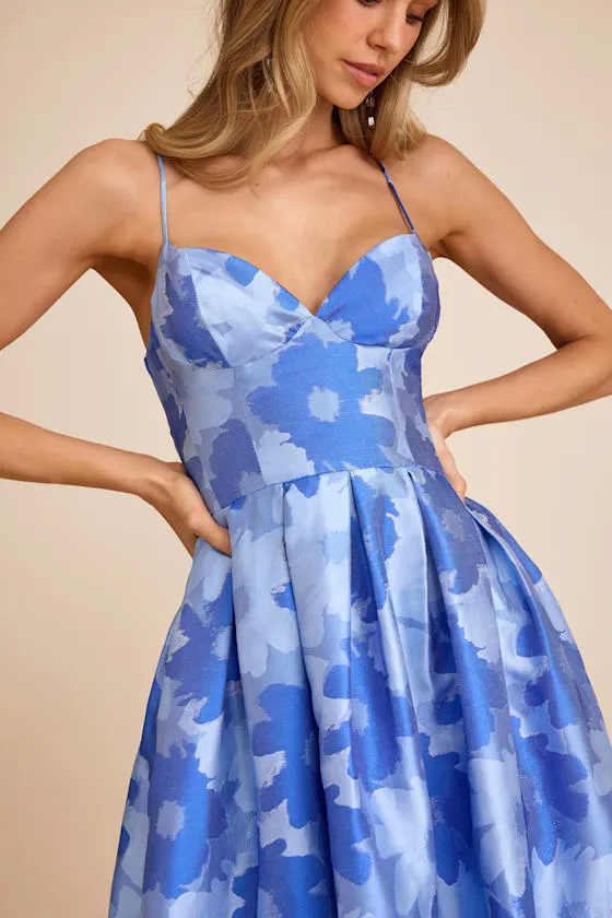 Vivinna Blue Floral Jacquard Pleated Midi Dress sold by Lulus product image thumbnail 2