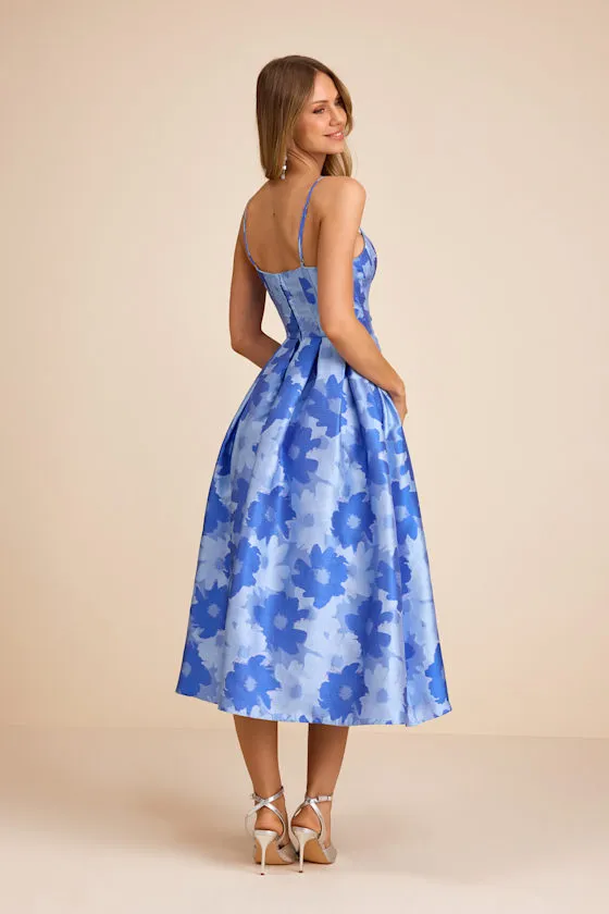 Vivinna Blue Floral Jacquard Pleated Midi Dress sold by Lulus product image thumbnail 3