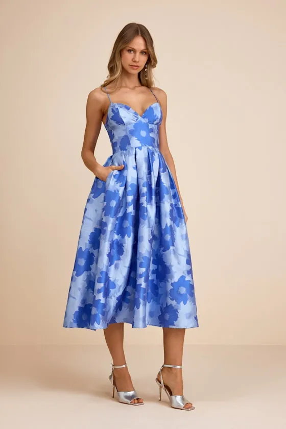 Vivinna Blue Floral Jacquard Pleated Midi Dress sold by Lulus product image thumbnail 4
