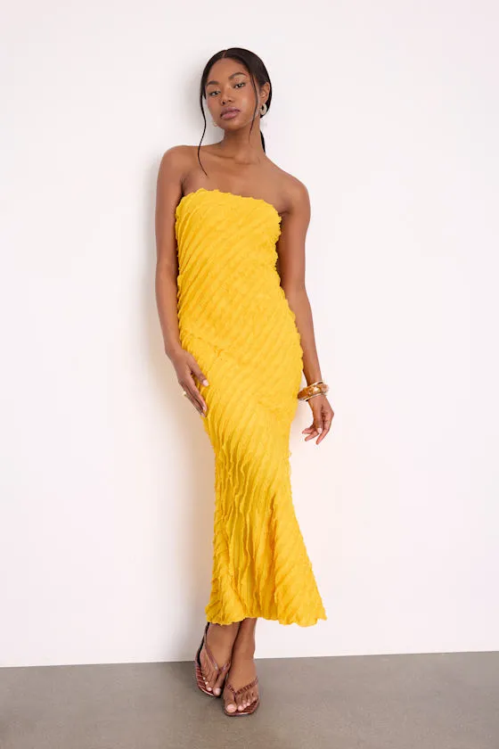 Faelyn Yellow Strapless Ruffled Midi Dress sold by Lulus