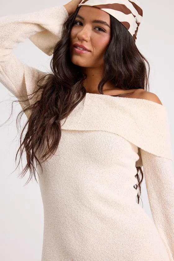Pemryn Cream Off-the-Shoulder Mini Sweater Dress sold by Lulus product image thumbnail 4