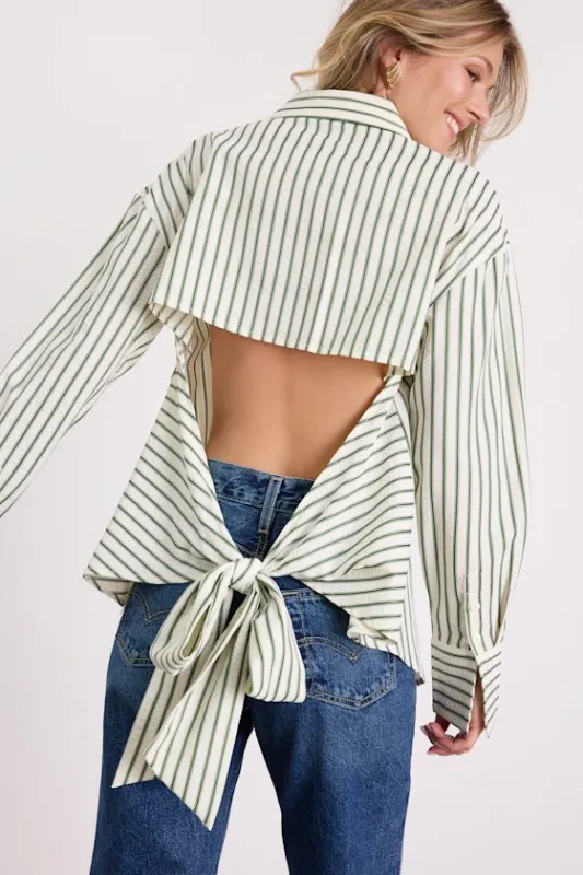 Logan Ivory and Green Striped Cutout Button-Up Long Sleeve Top made by Lulus