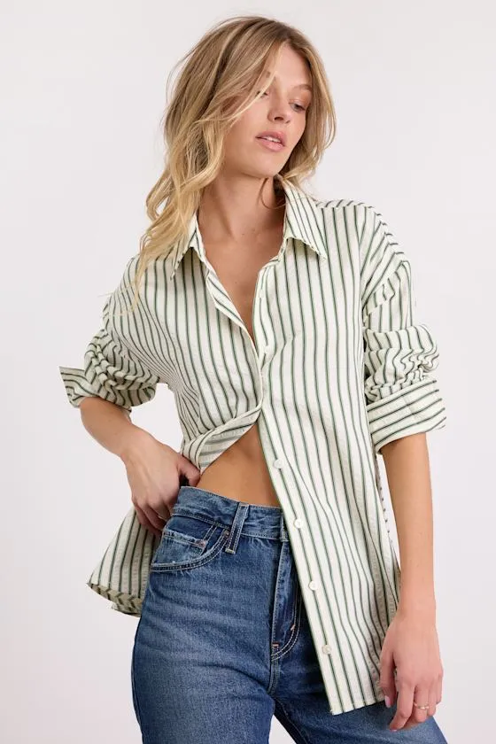 Logan Ivory and Green Striped Cutout Button-Up Long Sleeve Top sold by Lulus product image thumbnail 2
