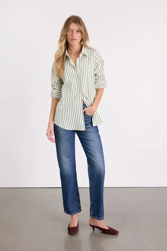 Logan Ivory and Green Striped Cutout Button-Up Long Sleeve Top sold by Lulus product image thumbnail 3