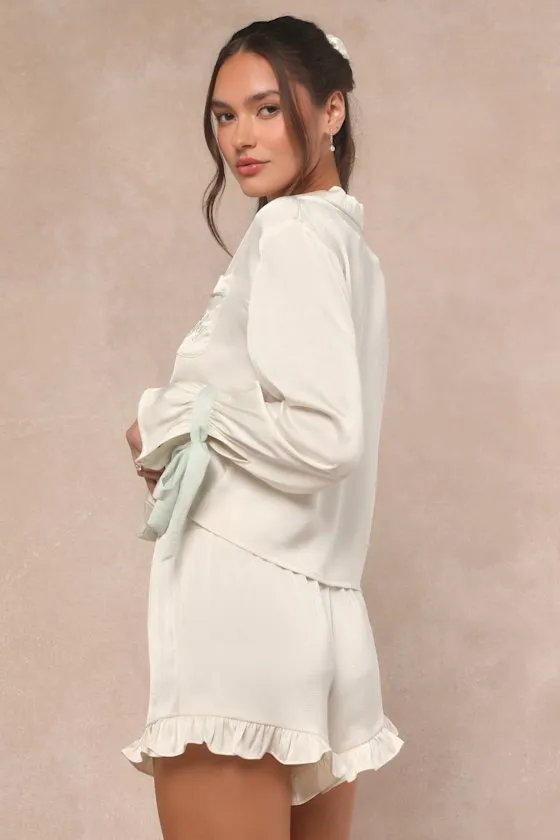 Kelda Ivory and Mint Satin Embroidered Two-Piece Pajama Set sold by Lulus product image thumbnail 2