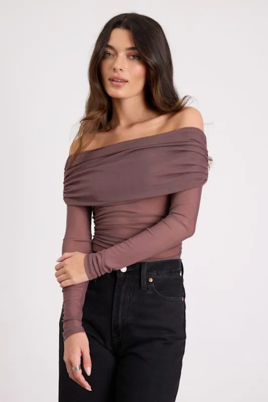Good Times Brown Mesh Off-the-Shoulder Long Sleeve Top sold by Lulus