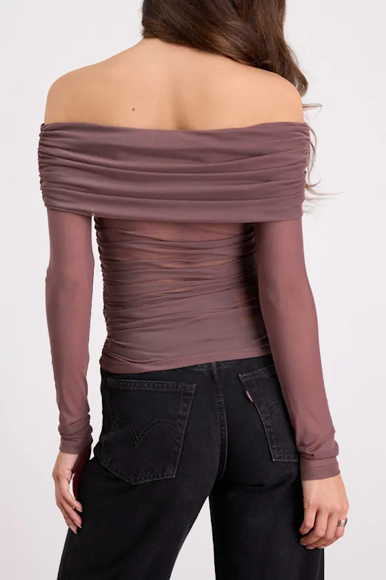 Good Times Brown Mesh Off-the-Shoulder Long Sleeve Top sold by Lulus product image thumbnail 2