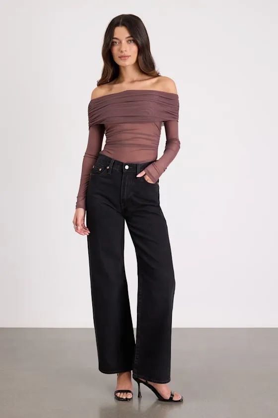 Good Times Brown Mesh Off-the-Shoulder Long Sleeve Top sold by Lulus product image thumbnail 3
