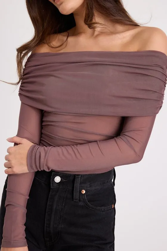 Good Times Brown Mesh Off-the-Shoulder Long Sleeve Top sold by Lulus product image thumbnail 4