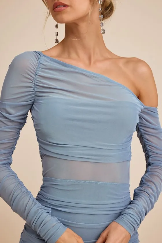 Lucena Slate Blue Mesh Asymmetrical Maxi Dress sold by Lulus product image thumbnail 2