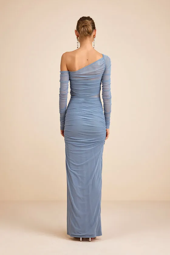 Lucena Slate Blue Mesh Asymmetrical Maxi Dress sold by Lulus product image thumbnail 3