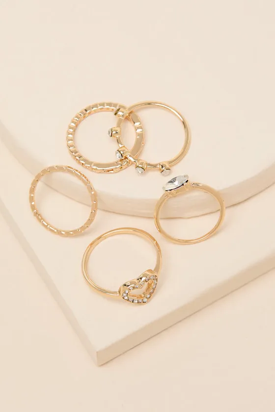 Jairo Gold Rhinestone Five-Piece Ring Set sold by Lulus