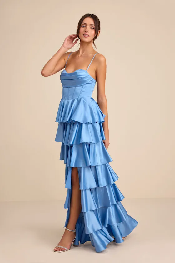 Arletta Light Blue Satin Bustier Tiered Maxi Dress sold by Lulus product image thumbnail 2