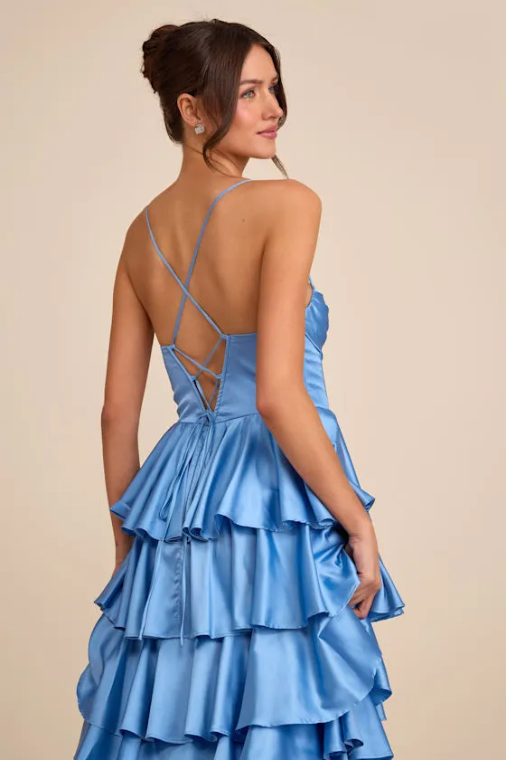 Arletta Light Blue Satin Bustier Tiered Maxi Dress sold by Lulus product image thumbnail 3