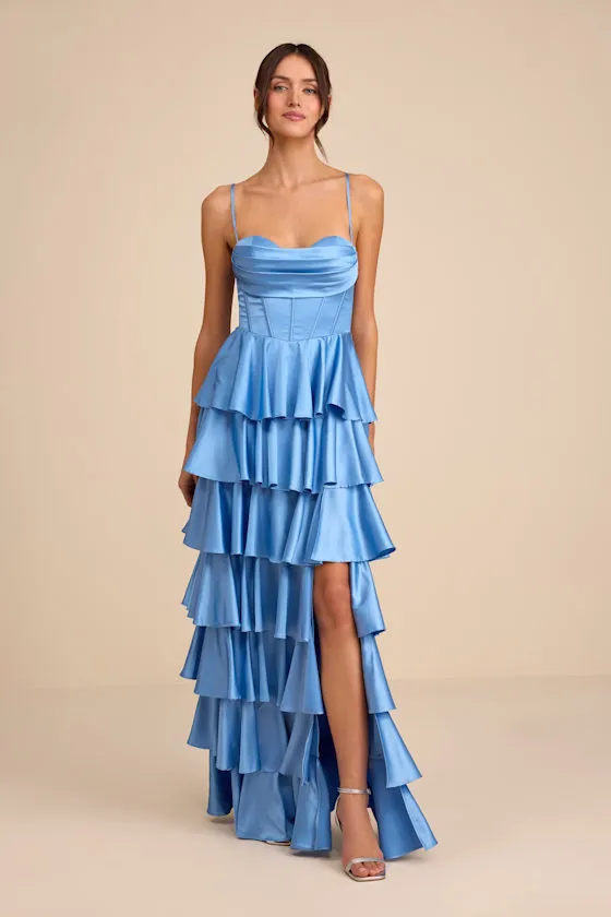 Arletta Light Blue Satin Bustier Tiered Maxi Dress sold by Lulus product image thumbnail 4
