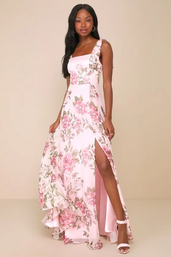 Love Me Forever Pink Floral Square Neck Maxi Dress sold by Lulus