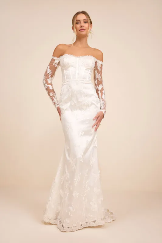 Lucina White Embroidered Bustier Long Sleeve Maxi Dress sold by Lulus