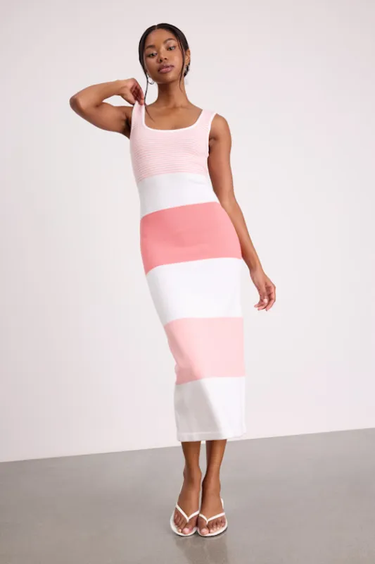 Easily Gorgeous Ivory and Pink Striped Midi Sweater Dress sold by Lulus