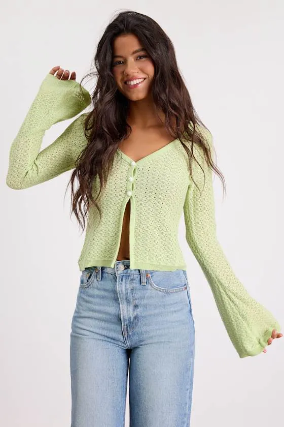 Freesia Lime Green Pointelle Knit Button-Front Cardigan sold by Lulus