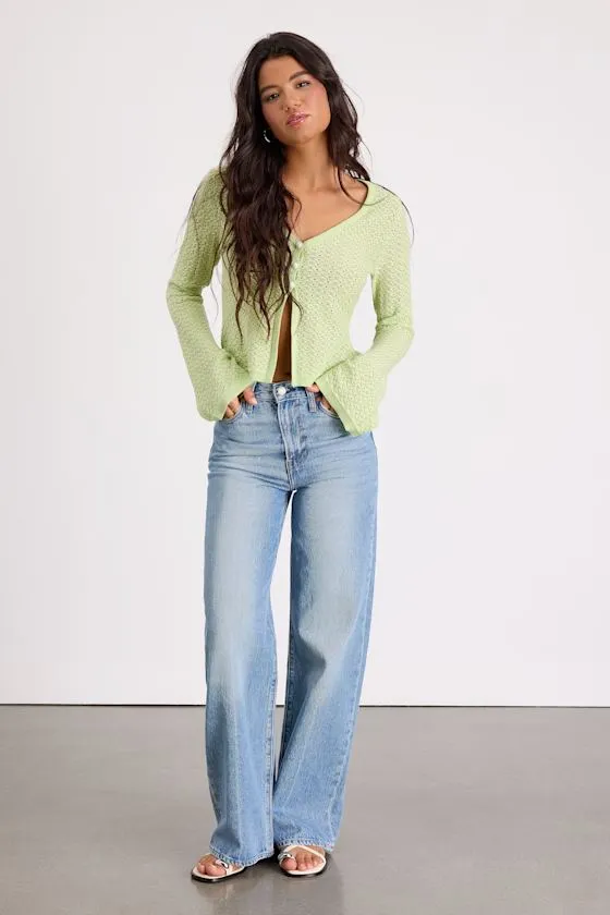 Freesia Lime Green Pointelle Knit Button-Front Cardigan sold by Lulus product image thumbnail 4