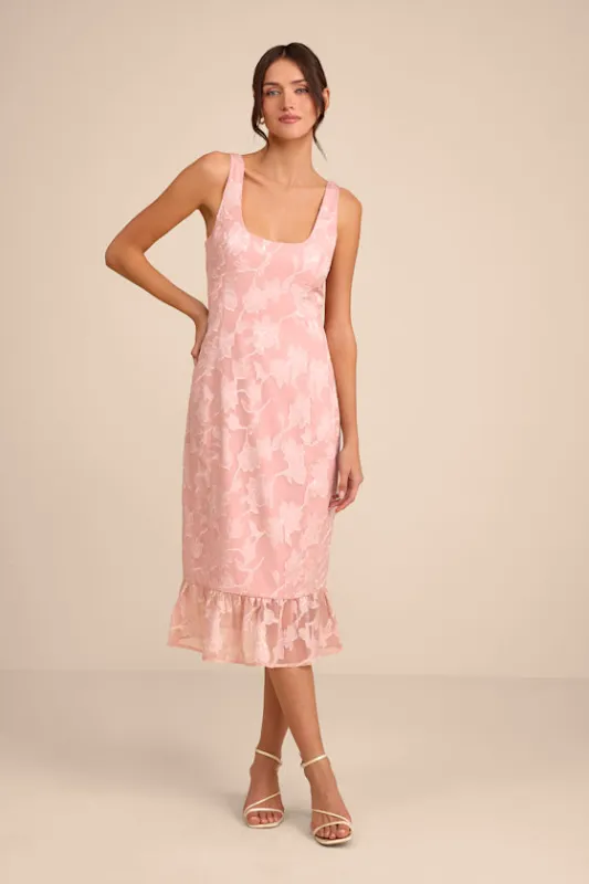 Elani Blush Pink Floral Burnout Trumpet Midi Dress sold by Lulus