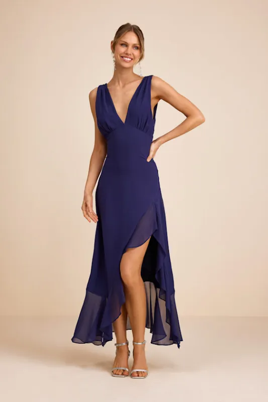 Laraline Navy Ruffled Cowl Back Maxi Dress sold by Lulus