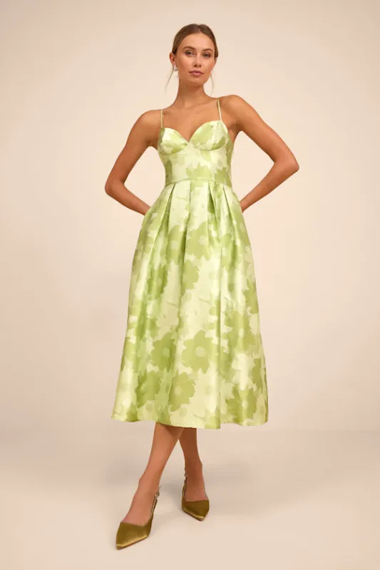 Vivinna Lime Green Floral Jacquard Pleated Midi Dress sold by Lulus
