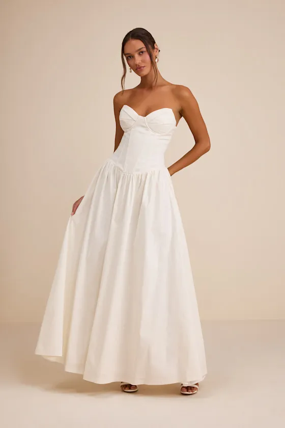Almeria White Strapless Lace-Up Maxi Dress sold by Lulus