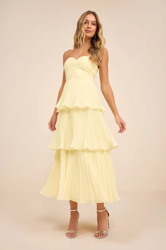Seriously Sensational Light Yellow Strapless Tiered Midi Dress sold by Lulus