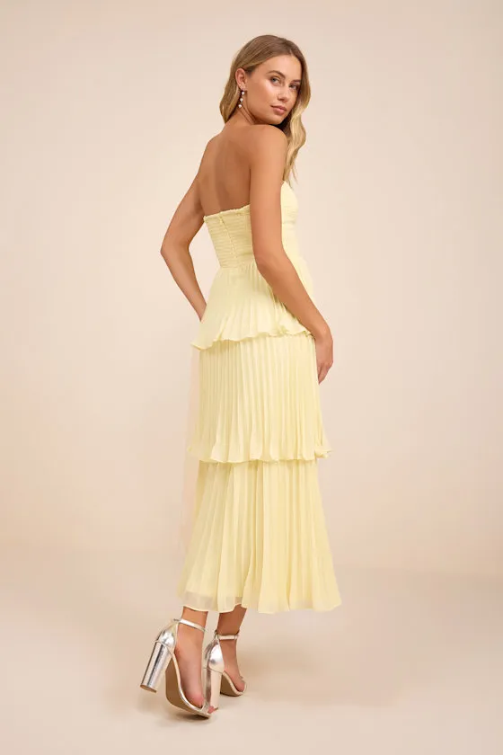Seriously Sensational Light Yellow Strapless Tiered Midi Dress sold by Lulus product image thumbnail 3