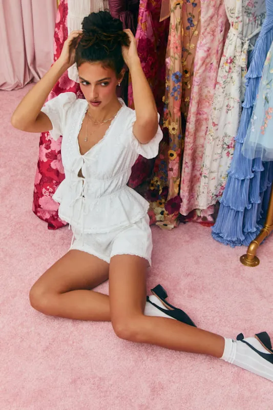 Delora White Eyelet Embroidered Drawstring Shorts made by Lulus