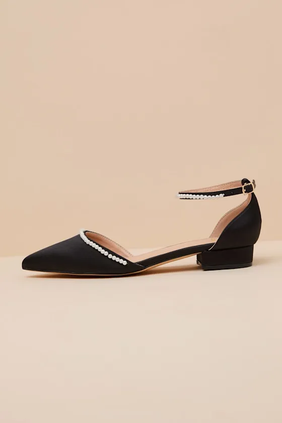 Phoebee Black Satin Pearl Pointed-Toe Ankle Strap Flats sold by Lulus product image thumbnail 2