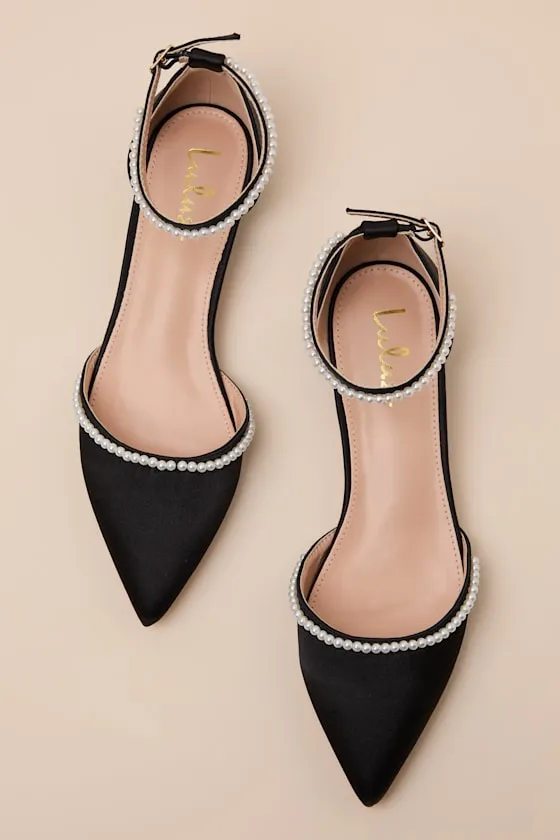 Phoebee Black Satin Pearl Pointed-Toe Ankle Strap Flats sold by Lulus product image thumbnail 4