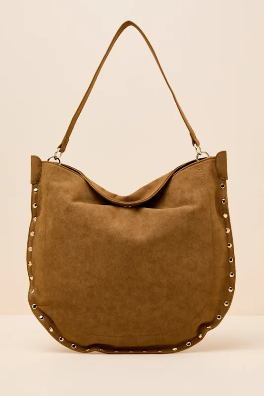 Vix Light Brown Suede Studded Tote Bag sold by Lulus