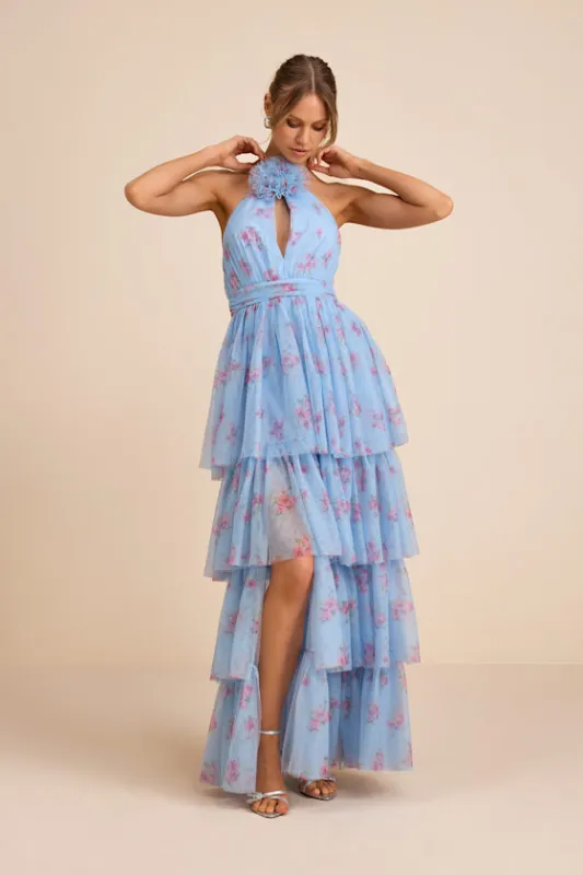 Charmian Light Blue Floral Tulle Tiered Maxi Dress sold by Lulus