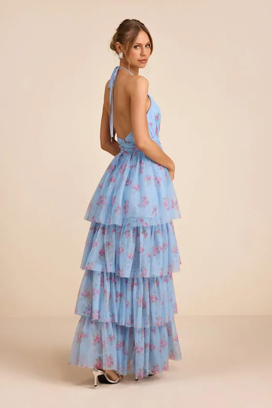 Charmian Light Blue Floral Tulle Tiered Maxi Dress sold by Lulus product image thumbnail 3