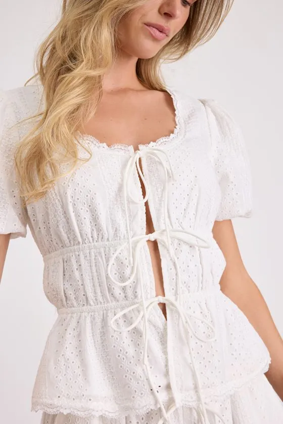 Delora White Eyelet Embroidered Tie-Front Top sold by Lulus