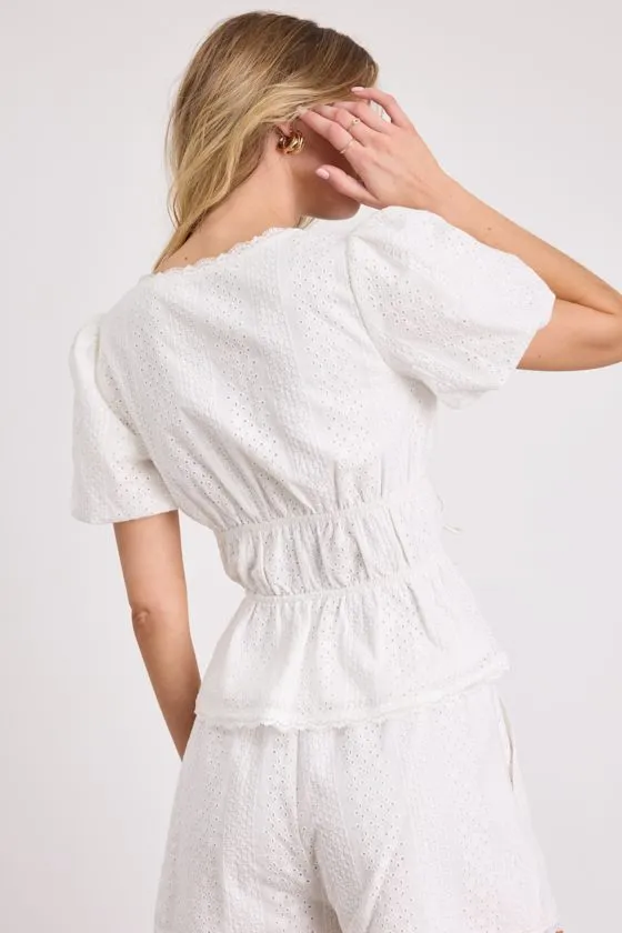 Delora White Eyelet Embroidered Tie-Front Top sold by Lulus product image thumbnail 2