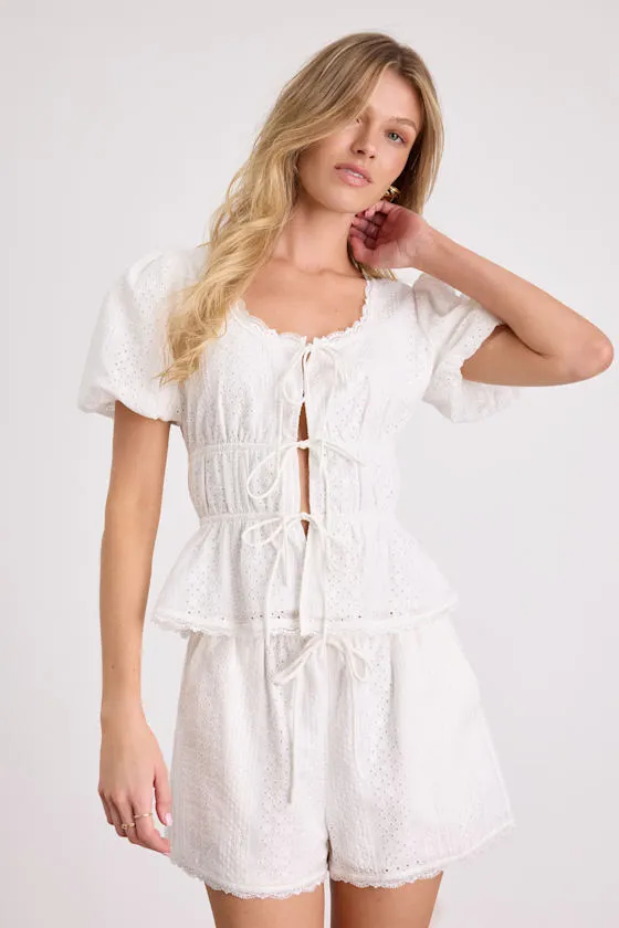 Delora White Eyelet Embroidered Tie-Front Top sold by Lulus product image thumbnail 3