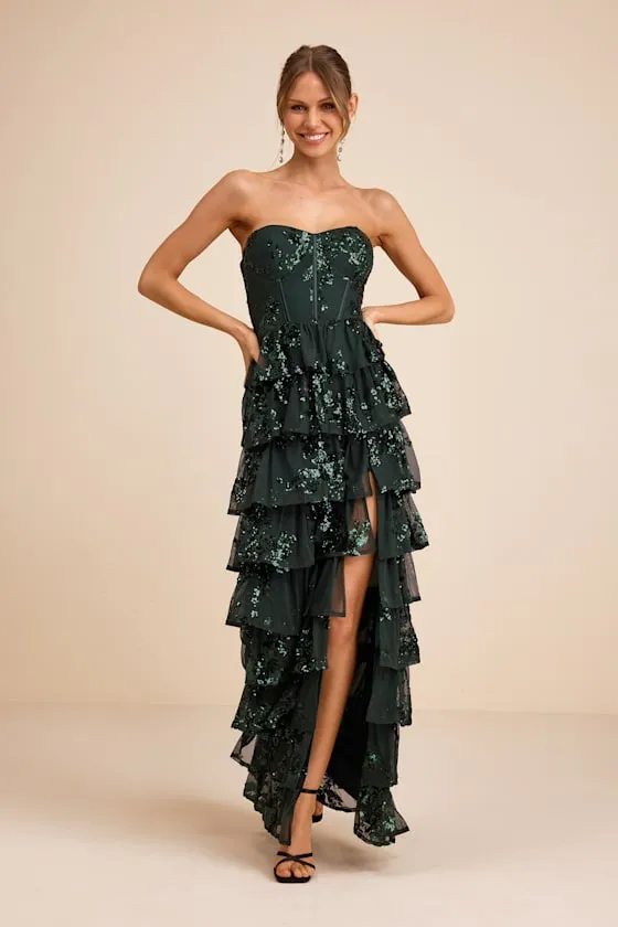 Definite Glamour Emerald Sequin Strapless Bustier Maxi Dress sold by Lulus