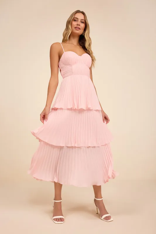 Cascading Crush Blush Pink Tiered Bustier Midi Dress made by Lulus