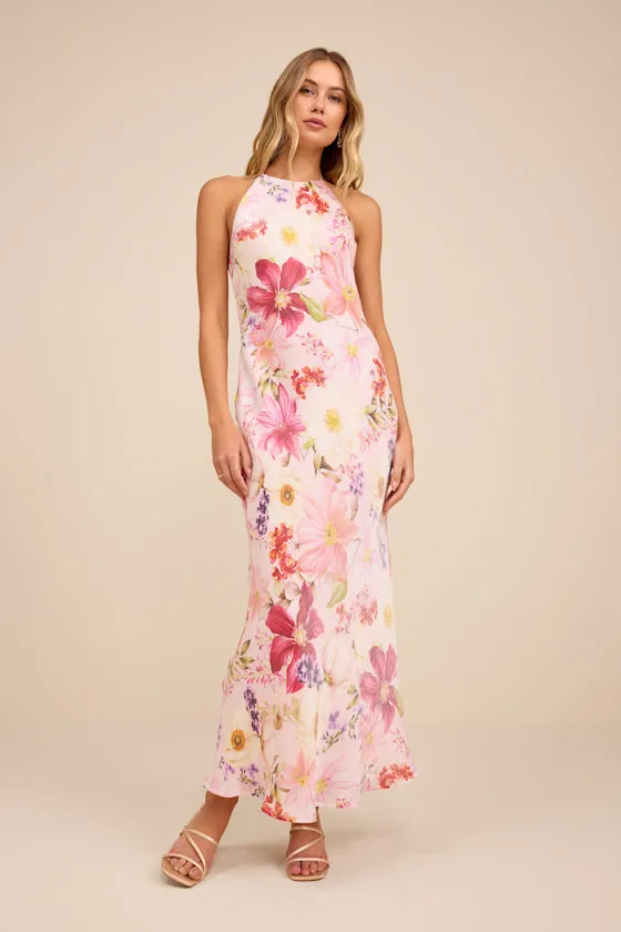 Sidney Blush Multi Floral Halter Maxi Dress sold by Lulus